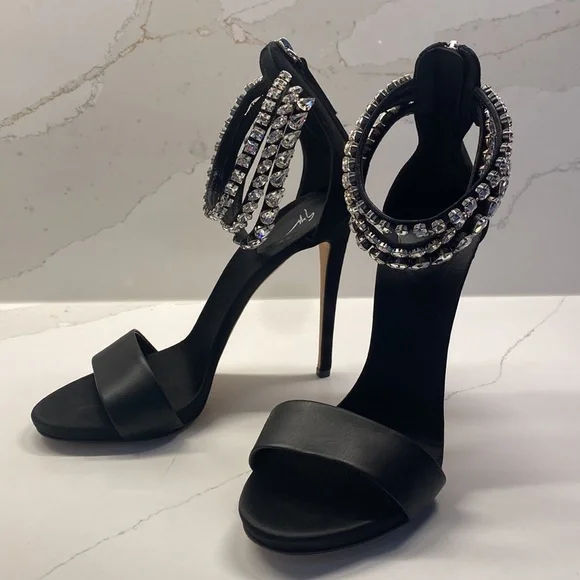 Giuseppe Zanotti Silver Crystal Embellished Heels Black Leather Sandals Shoes - Picture 5 of 15